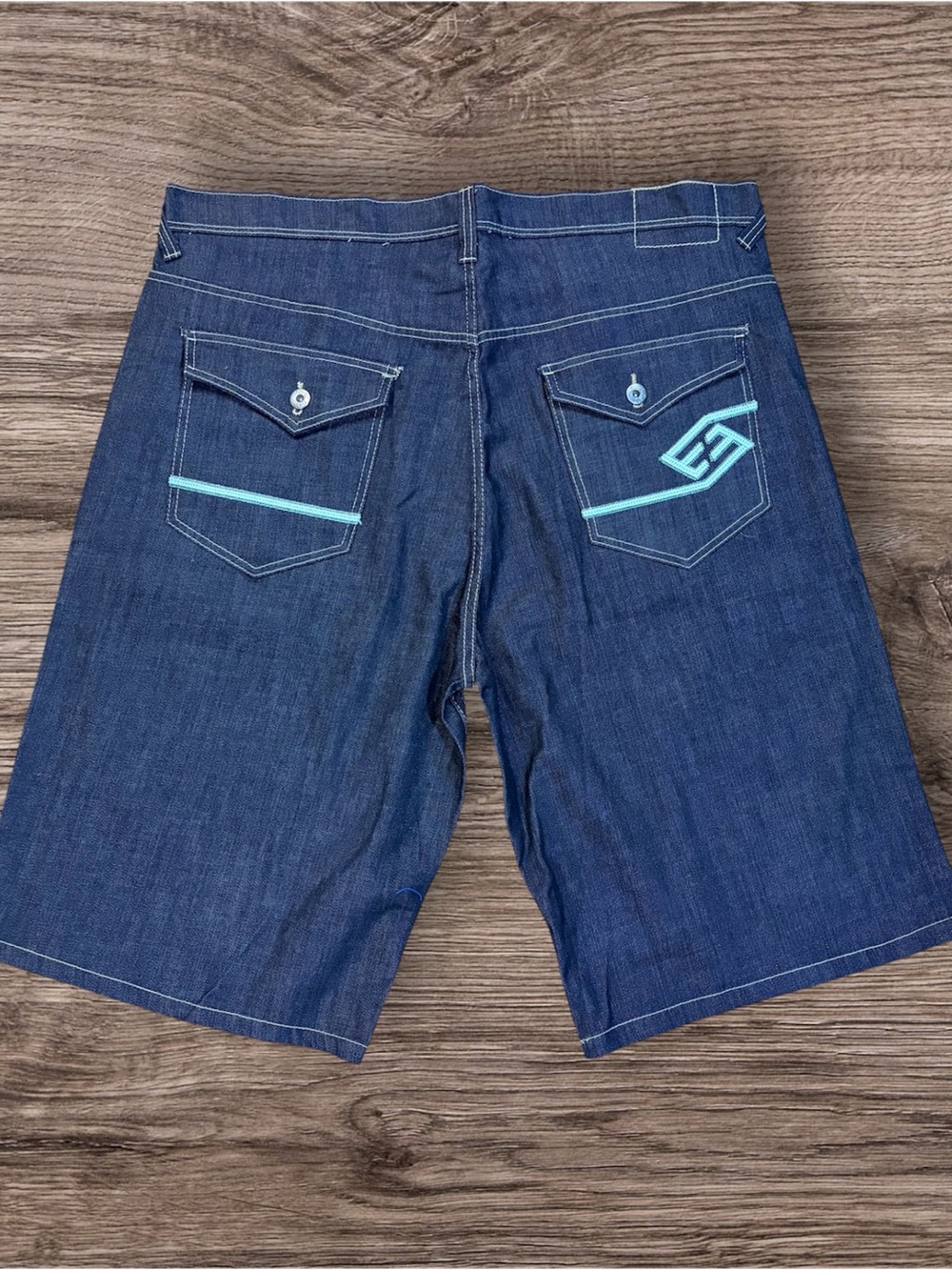 Enyce Dark Blue Denim Shorts with Turquoise Pocket Trim 44” Y2K